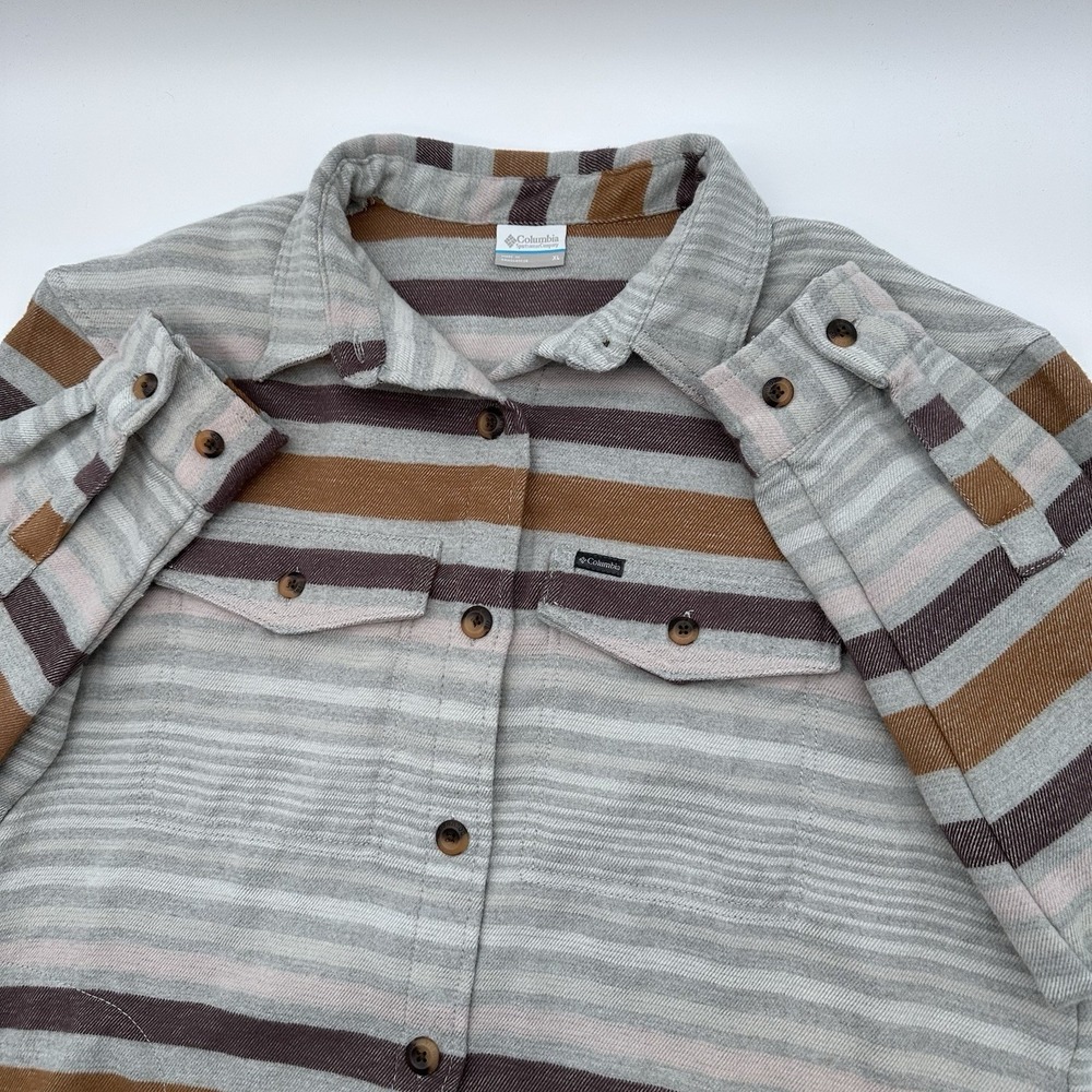 Columbia Calico Basin Women's XL Gray Brown Striped Shirt Jacket Shacket Pockets